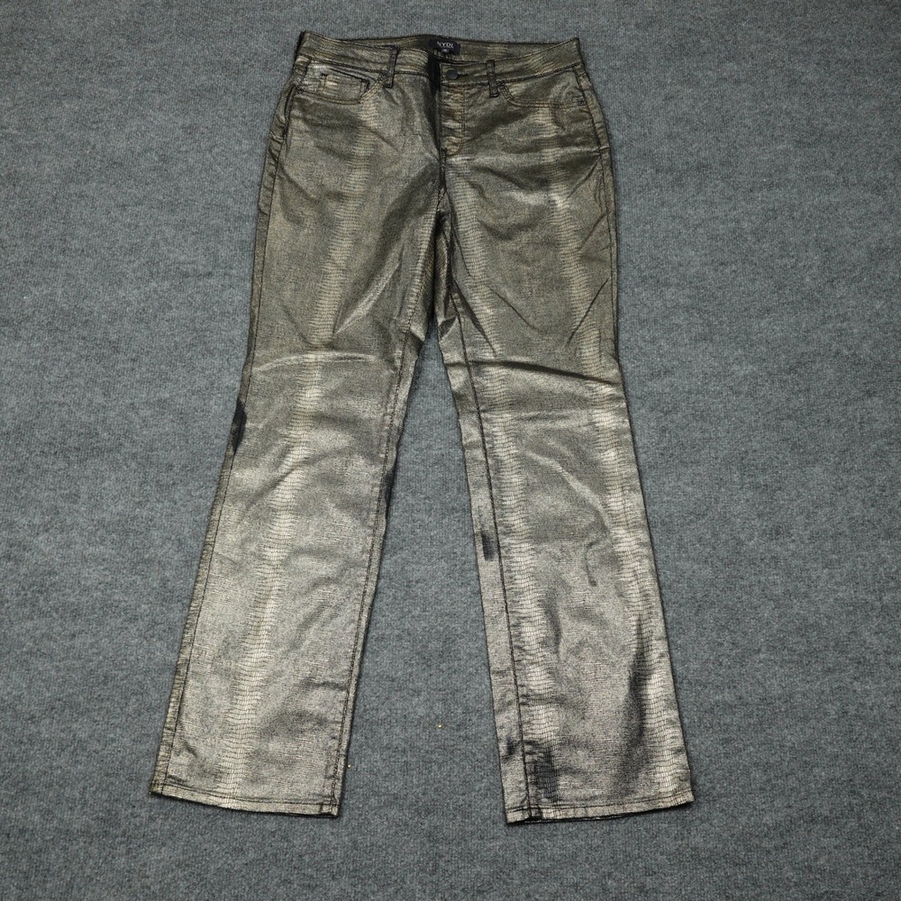 NYDJ Jeans Womens 10 Gold Marilyn Straight Leg Metallic Snakeskin Lift Tuck